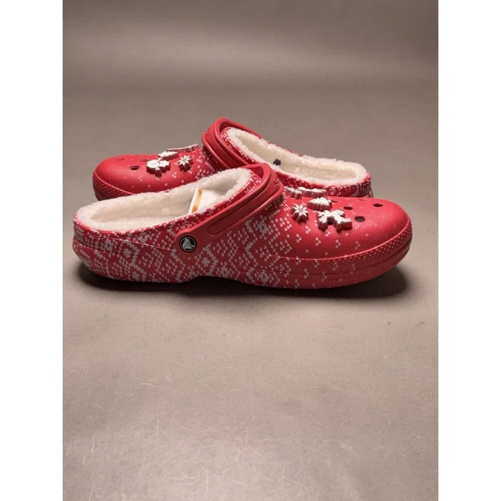 Crocs Classic Fur Lined Holiday Christmas Charm Clog Slippers Red M 13 NWT